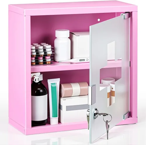 Miniatura 9 de Timgle Armario de pared de primeros auxilios con cerradura para medicamentos montado en la pared del baño, gabinete médico colgante con puerta