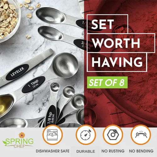 Miniatura 4 de Spring Chef Juego de cucharas medidoras magnéticas de acero inoxidable con imanes N45 fuertes, accesorios de cocina de metal resistente para hornear