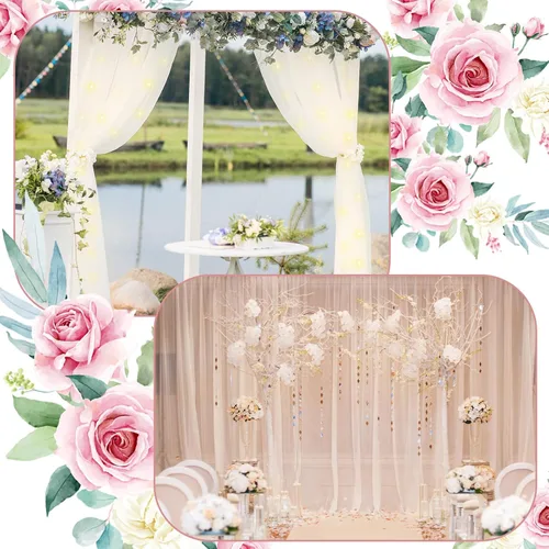 Miniatura 6 de BBTO 2 paneles de cortina de tul blanco con cadena de luces para fiestas, bodas, despedidas de soltera, cortina LED blanca transparente