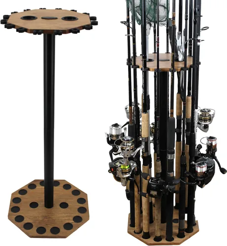 Miniatura 12 de Rush Creek Creations Soporte redondo para 16 cañas de pescar para garaje, soporte de cañas de pescar de acceso 360° para cañas de pescar, carretes