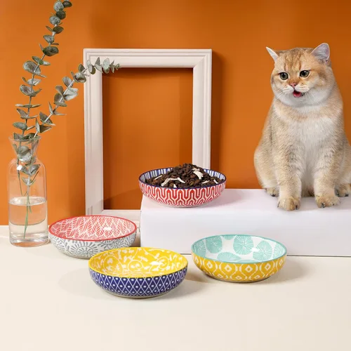 Miniatura 3 de Selamica Juego de 4 cuencos de cerámica para gatos de 5.6 pulgadas de ancho, platos poco profundos para comida y agua, varios