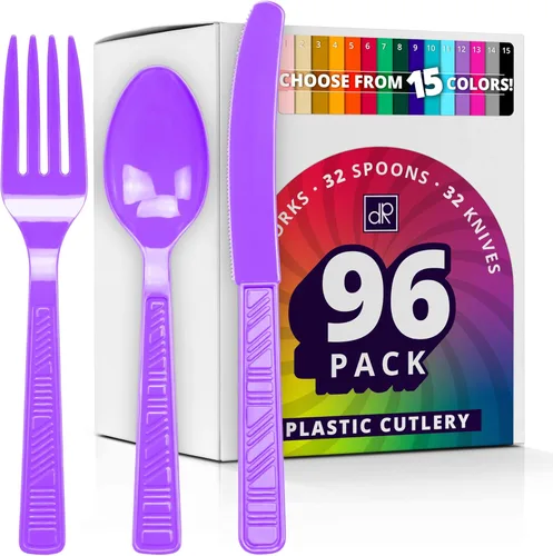 DecorRack Juego de cubiertos de plástico de color morado para fiestas, 96 piezas de utensilios resistentes a granel (morado, 96 piezas)
