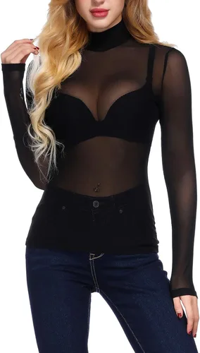 Miniatura 5 de Kate Kasin - Blusa de malla para mujer, de manga larga, con cuello alto, de cuello alto