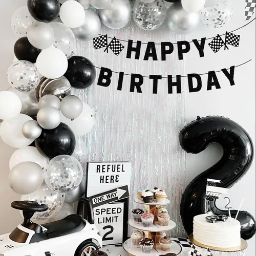 Miniatura 4 de Cartel de cumpleaños de coche de carreras, pancarta negra de feliz cumpleaños, decoraciones de fiesta de coche de carreras, suministros de fiesta