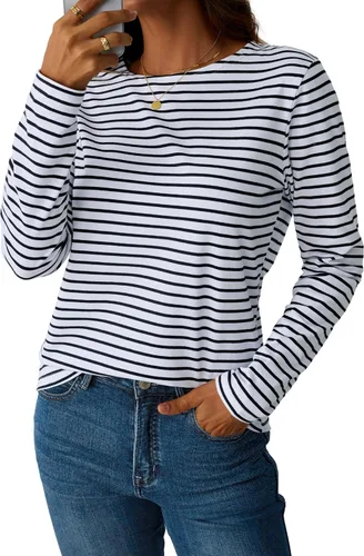 Miniatura 3 de LilyCoco Camisa de manga larga a rayas para mujer, cuello barco, camiseta de ajuste holgado Breton
