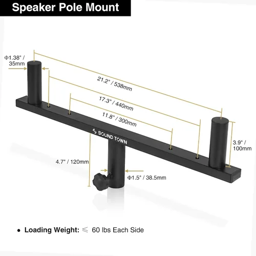 Miniatura 4 de Sound Town 2-Pack Set de Montaje de Poste Dual para Altavoces, Postes Extendidos de 20" para Subwoofer/Altavoces con Adaptadores M20 y 35mm