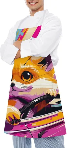 Miniatura 4 de MUSM Apron for Adults - 27.6 X 31.5 Inch, Heavy-Duty Polyester Aprons with Two Large Pockets, Waterproof Little Fox in The Car Kitchen Apron for