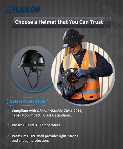 Miniatura 3 de LANON Casco Duro Negro de Ala Completa, Aprobado por OSHA para Trabajo de Construcción, Casco de Seguridad HDPE con Suspensión de Trinquete