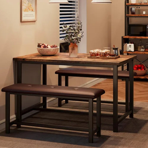 Alkmaar Juego de mesa de cocina con 2 bancos tapizados para 4 personas, mesa rectangular de metal y madera para espacios pequeños, apartamento,