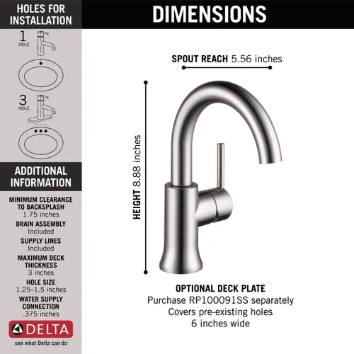 Miniatura 3 de Delta Trinsic Grifo de baño de níquel cepillado con pico giratorio de 1 agujero, llave de fregadero de baño de un solo agujero para mueble