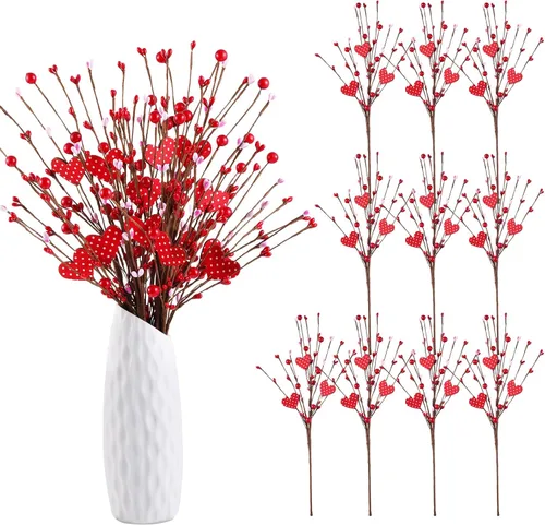 Miniatura 8 de 10 piezas de plantas artificiales de Pascua, tallos de bayas y corazones, flores artificiales de 16 pulgadas, ramo de ramas de tallo de ramita