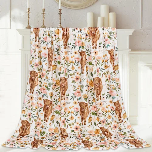 JarThenaAMCS Manta de Franela Mullida de Vaca de las Tierras Altas Florales 60 x 50 Pulgadas Manta Decorativa Estilo Granja de Acuarela con Flores y