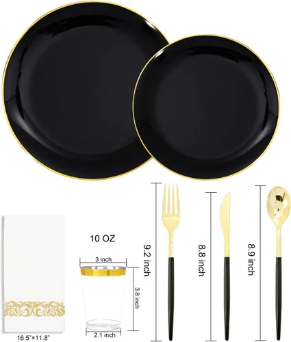 Miniatura 2 de Supernal Juego de vajilla de plástico negro y dorado de 350 piezas (sirve para 50 invitados), platos negros extra pesados con mango blanco