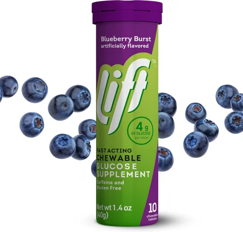 Lift Glucosa, tabletas energéticas masticables de glucosa de acción rápida, arándano, tubo de 10 unidades (paquete de 12)