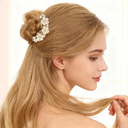 Miniatura 7 de 2 pinzas para el pelo de flores de perlas para mujer, horquilla francesa en forma de U, moño de metal dorado, clips para el pelo de flores