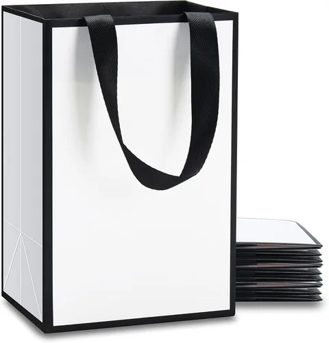Miniatura 22 de Bolsas de regalo blancas con asas, 10 bolsas pequeñas de papel blanco de 5.25 x 3.75 x 8 pulgadas con asas de cinta, bolsa de compras de papel kraft