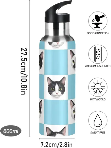 Miniatura 9 de Stainless Steel Vacuum Insulated Water Bottle 20 Oz, Leakproof Water Bottles for Gym Outdoor Travel School, Black White Cat Checkerboard