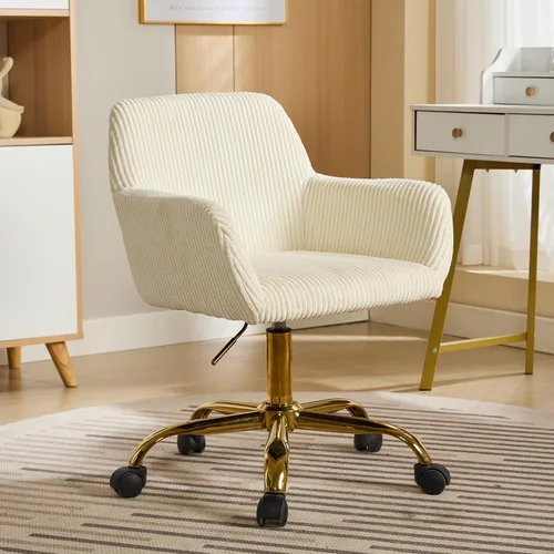 Miniatura 8 de KCC Silla de Tocador de Maquillaje de Tela de Pana, Sillón Giratorio Esponjoso Moderno con Ruedas, Tapizada Mullida de Altura Ajustable para Niñas