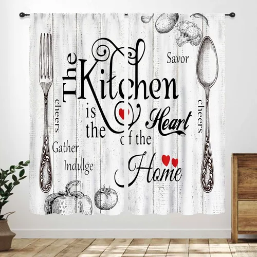 Miniatura 11 de Cortinas Rústicas de Cocina, Tenedor Cuchara Retro Tablón de Madera Granja País Tema de Cocina Citas Divertidas Tratamiento de Ventana