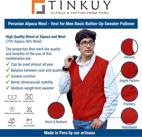 Miniatura 4 de TINKUY Chaleco peruano de lana de alpaca con cuello en V para hombre, S-4XL