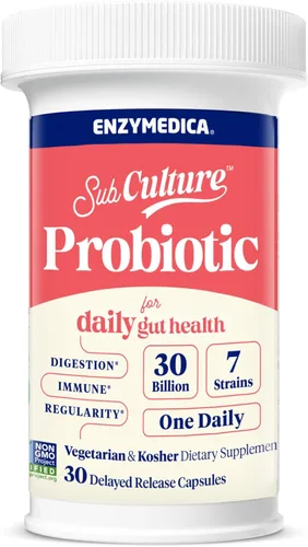 Enzymedica SubCulture Probiótico para la salud intestinal y digestiva diaria, cápsulas probióticas para mujeres y hombres, 30 mil millones de UFC,