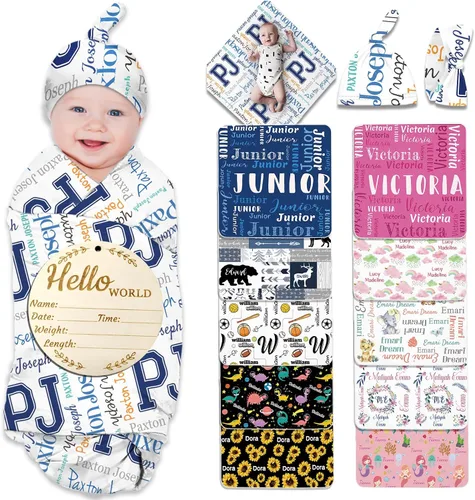 Miniatura 14 de Manta de bebé personalizada para niña y niño, manta de recepción con nombre personalizado con diadema de lazo y sombrero, regalos personalizados