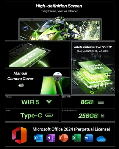Miniatura 6 de Laptop de 15.6 pulgadas con Pentium Gold 6500Y (hasta 3.4 GHz), 8 GB de RAM 256 GB SSD, 1080P Full HD, USB-C, WiFi 5, BT5.0, computadoras portátiles