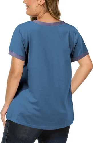 Miniatura 80 de Eytino Blusas de talla grande para mujer, cuello en V, manga corta, a rayas, casual, holgada, con bolsillo (1X-5X)