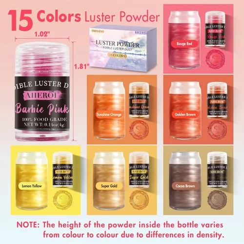 Miniatura 2 de Aheroi Set de purpurina comestible, 15 colores de polvo de lustre comestible, purpurina brillante para polvo de bebidas, purpurina para fondant