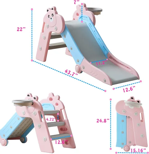 Miniatura 6 de GITAWUSA Tobogán plegable para niños pequeños, juego de toboganes de plástico para interiores con aro de baloncesto y pelota Rosa Azul