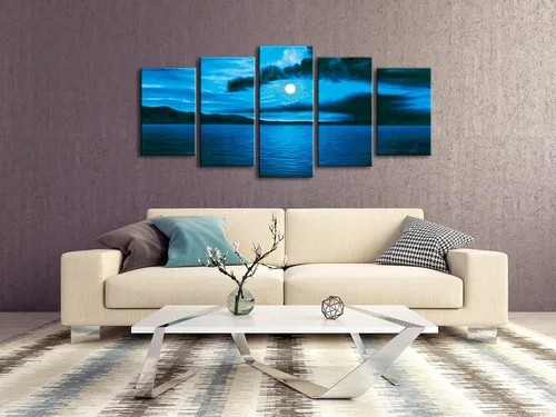 Miniatura 4 de Wieco Art Arte moderno de 5 piezas de lienzo Giclée envuelto en azul oscuro, océano, blanco, sol, arte de pared para sala de estar, dormitorio