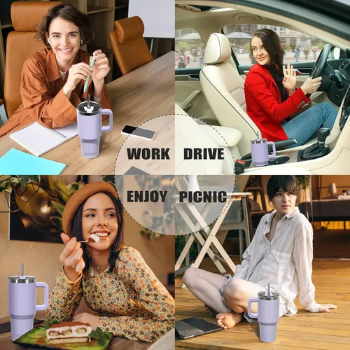 Miniatura 8 de Vaso de 20 oz con asa, vaso con tapa y pajita, vaso de doble pared con aislamiento de acero inoxidable para viajes (frío durante 34 horas), botella