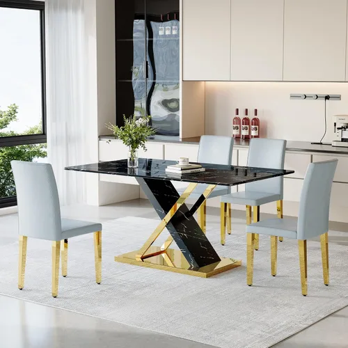 Miniatura 24 de YUNDREAM - Juego de mesa de comedor moderna de mármol para 4, mesa de comedor de oro negro de 63 pulgadas con marco cromado en forma de X y sillas