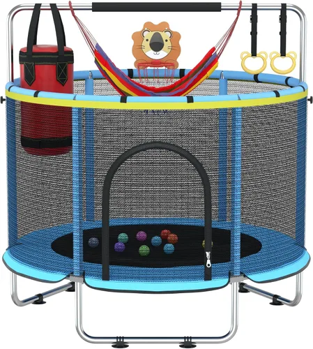 Cama elástica para niños con malla de encierro, cama elástica mini para interiores y exteriores con barra de gimnasia ajustable, aro de baloncesto,