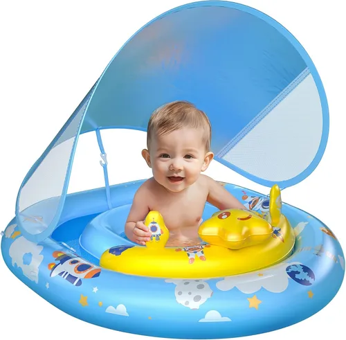 WayEee Flotador de piscina para bebé con toldo UPF50+, flotador de natación inflable, asiento de seguridad ajustable, consola de juegos de juguete,