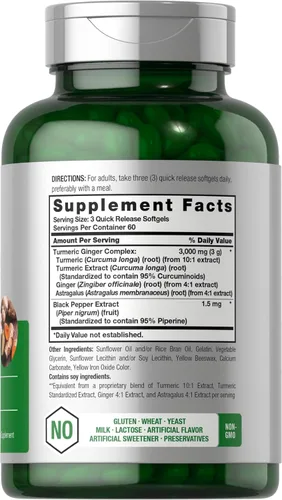 Miniatura 2 de Horbäach Suplemento de cúrcuma y jengibre 3000 mg 180 pastillas de gel blando con extracto de pimienta negra Suplemento sin OMG, sin gluten