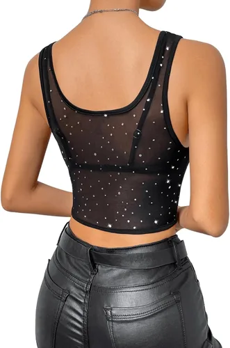 Miniatura 2 de Floerns Camiseta corta sin mangas de malla transparente con cuello redondo y diamantes de imitación para mujer
