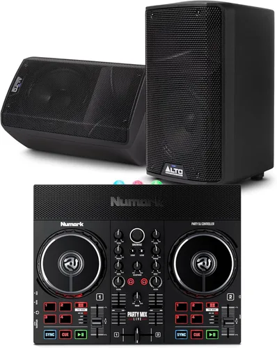 Controlador de DJ en vivo Numark Party Mix y altavoces PA alimentados ALTO TX408 en pareja para música en vivo, sets de DJ, eventos, producción