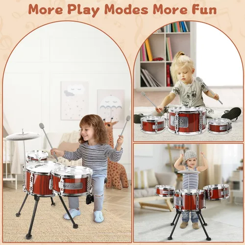 Miniatura 5 de Juego de Batería para Niños, Juguetes Musicales, Juego de Tambores para Niños Pequeñas de 3 a 5 Años, Kit de Tambores Jazz con Taburete, 3 Tambores