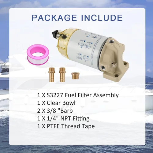 Miniatura 4 de S3227 Filtro de combustible Separador de agua de repuesto para motor fueraborda marino Mercury con púas de 3/8 pulgadas x 1/4 pulgadas NPT