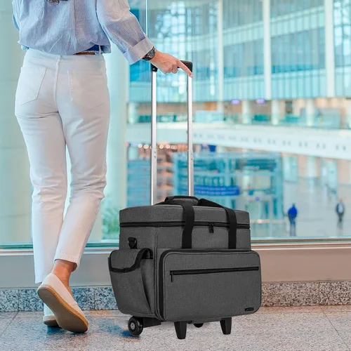 Miniatura 6 de Teamoy Estuche para máquina de coser con ruedas ajustables, bolsa para máquina de coser rodante con ruedas y almohadilla inferior de madera