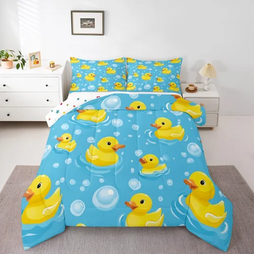 Miniatura 35 de Erosebridal Juego de ropa de cama a cuadros azul para niños, juego de cama individual con diseño de patos amarillos de dibujos animados, juego