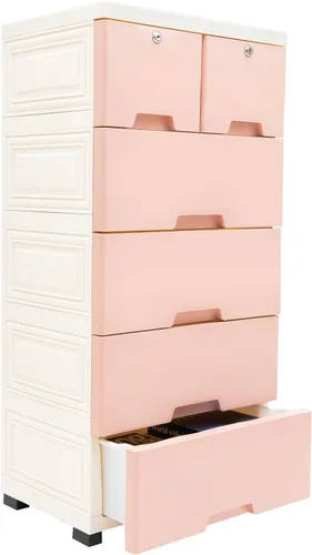 Miniatura 12 de Armario de almacenamiento de plástico de 5 niveles con 5 cajones, armario vertical de almacenamiento de ropa, ahorro de espacio, para el hogar, rosa