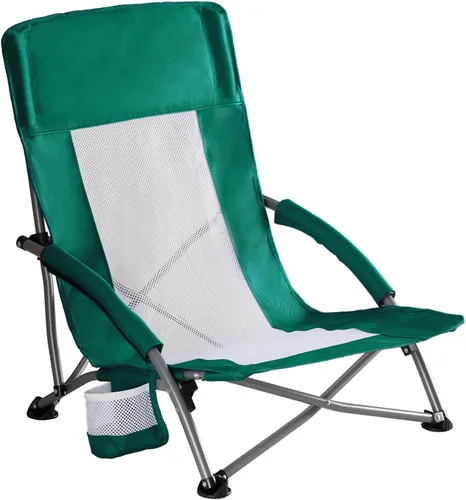 Miniatura 12 de NEWBULIG Silla de playa plegable para adultos, silla de césped de perfil bajo con portavasos y bolsa de transporte, asiento extra ancho y respaldo