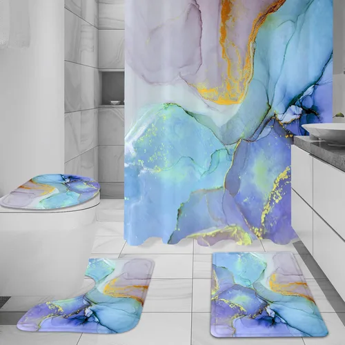 Miniatura 2 de Gibelle Juego de 4 cortinas de ducha de baño con alfombras antideslizantes, cubierta para tapa de inodoro y tapete de baño, juego de decoración