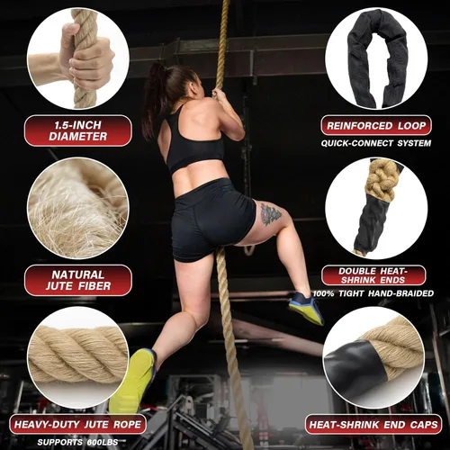 Miniatura 4 de Climbing Rope Gym Workout - 10FT 15FT 20FT 25FT 30FT 35FT Heavy Duty Jute Thick Ropes for Adults Strength Training Outdoor Tree Swing Indoor Home