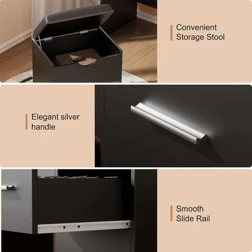 Miniatura 6 de ERLEJIA Escritorio de tocador con espejo y luces, mesa de maquillaje de espejo grande de 35.43 pulgadas con taburete, 5 cajones para dormitorio