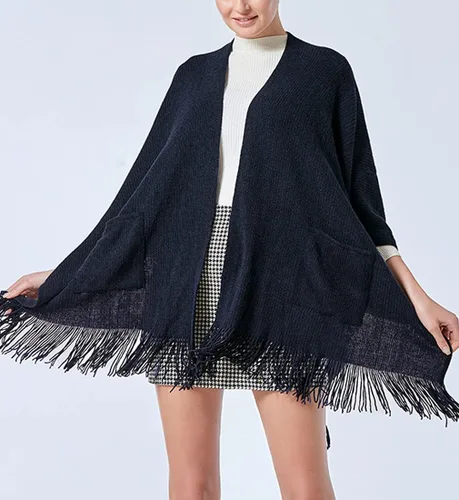 Miniatura 2 de Bonnorth Chal caliente para mujer, abierto Fornt Boho tejer rayas Pashmina Poncho con borla