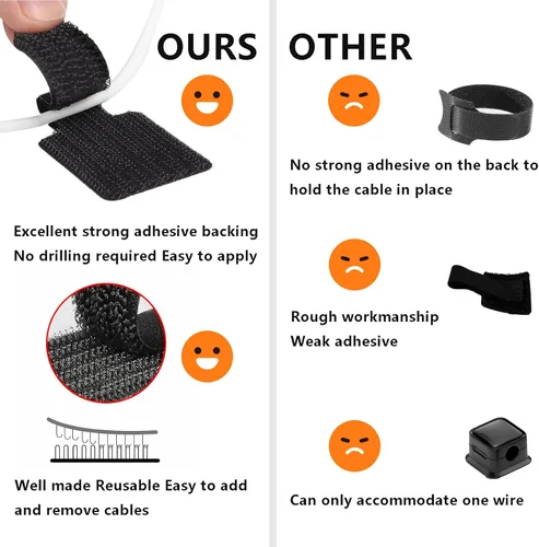 Miniatura 5 de Gestión de cables de escritorio, organizadores de cables para cordones - Actualización 48 PCS bridas de cable autoadhesivas negras con respaldo