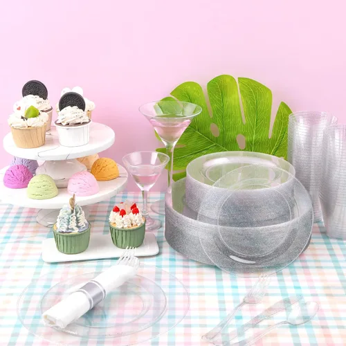 Miniatura 4 de DaYammi Juego de vajilla de 350 piezas con purpurina plateada, 50 invitados para fiesta, 50 platos llanos, 50 platos de postre, 50 servilletas